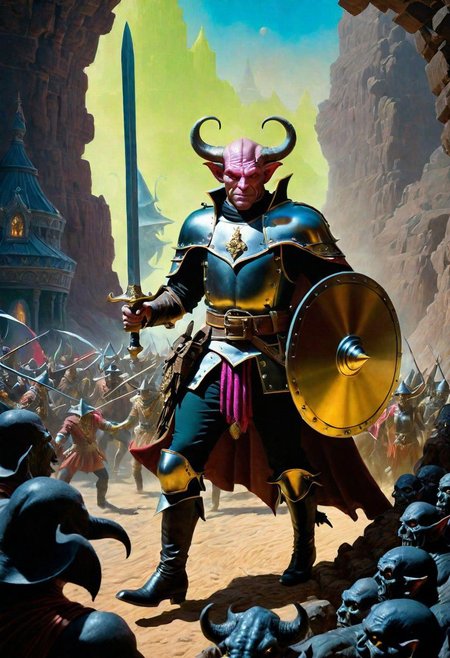 A hyperrealistic 8k photograph was captured by Sid Avery's Hasselblad camera, depicting close-up a handsome+ Tiefling shield bearer with pink+++ skin and slender build during a battle+++, surrounded by goblins++, He has a bald head, neon yellow eyes, calm++ and handsome+ and detailed face, cold smile++, mysterious and ominous aura of dark shadows enveloping the figure, Lovecraftian Horror-themed, in the artistic style of Boris Vallejo, Shadows casting an uncanny atmosphere, hints of eldritch dark energy crackling, He is dressed in a musketeer outfit, high details and era-appropriate, He is wielding a magically radiating+ Backsword+ in the right hand, and he is holding a steel shield+++ in the left hand, Backdrop (background) of a focused scene of a battle with goblins next to a crystal palace, Mysterious composition, imbued with a dark, ambient 3d warm studio backlight.