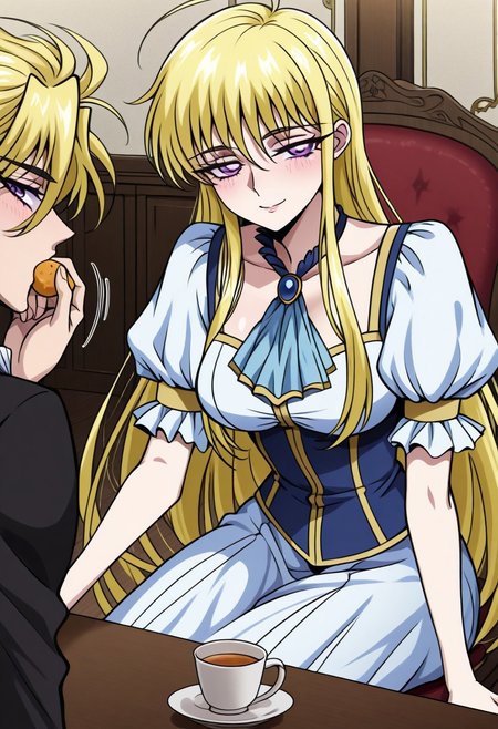 masterpiece, best quality, newest, highres, uncensored, 1girl, yokota mamoru style,1girl, slender face，motion lines,torogao,looking at the viewer,seductive smile,blush
Cecilia,Ahoge Hair, Blonde Hair, Waist Length Hair,Long Hair,Violet Eyes,Large Eyes,Choker,Slim
blonde hair, 1girl, long hair, 1boy, chair, food, table, ascot, indoors, sitting, puffy sleeves, cup，Cecilia,Ahoge Hair, Blonde Hair, Waist Length Hair,Long Hair,Violet Eyes,Large Eyes,Choker,eating together