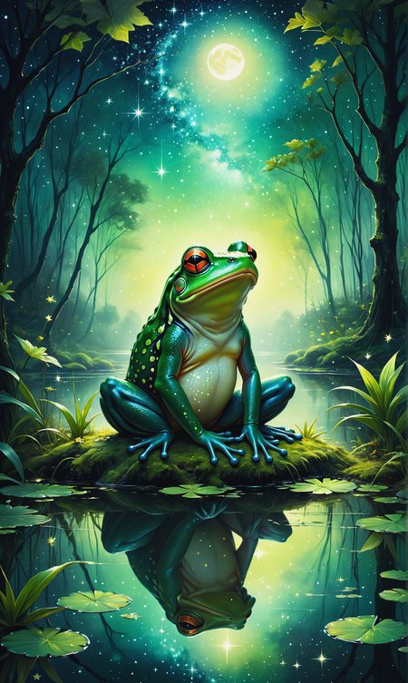 art by David Rees art by Anna Dittmann magical frog sitting next to pond in green wild forest, sparkles, green, splash art, made of stars on a starry night double exposure collage art illustration, silhouette art, moon, fantasy, stars, hdr, vibrant, surrealism, hyperdetailed<lora:xl_more_art-full_v1:0.3>