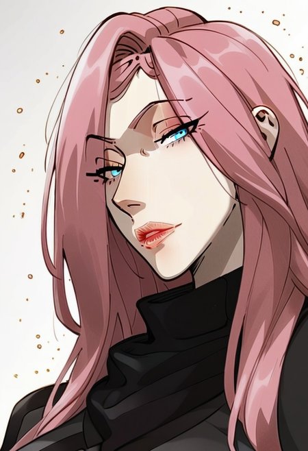 (score_9, score_8_up, score_7_up, score_5_up, score_5_up), Expressiveh, detailed face, longshuyun, 1gir, pink hair, long hair, blue eyes, eyes visible through hair, makeup, lipstick, large breasts, black sweater, turtleneck, masterpiece, best quality, portrait, white background, head tilt, looking at viewer, facing viewer, dynamic angle, golden light,light particles, side view, arms under breasts
