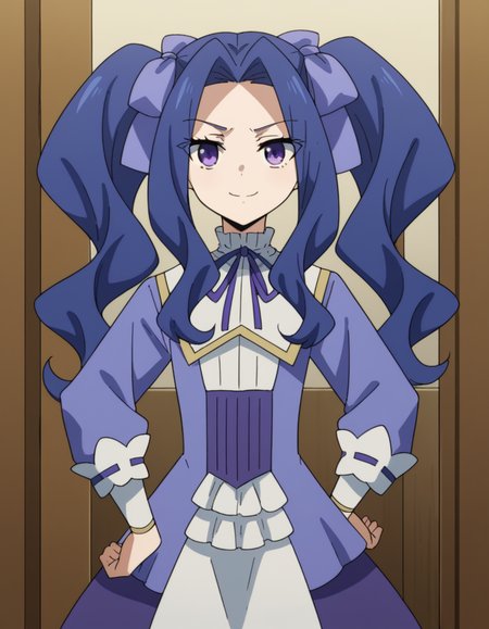 score_9, score_8_up, score_7_up, source_anime, <lora:melty-q-melromarc-s1-ponyxl-lora-nochekaiser:1>, melty q melromarc, long hair, ribbon, twintails, blue hair, purple eyes, hair ribbon, purple ribbon, parted bangs,, long sleeves, dress, frills, ribbon trim, purple dress,, storage room, shelves, boxes, clutter, supplies, smile, smug, hand on own hip,, looking at viewer, solo,, dutch angle, cowboy shot