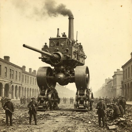 An aged worn sepia monochrome 1800s photograph of a steam powered mecha, turret with large canon, armless, no arms, walking robot, smokestacks up top, thick black smoke, walking through a war-damaged city, Civil War era soldiers with rifles scouting