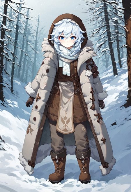 Score_9, score_8_up, score_7_up, Genshin Impact Style, source_anime, snow, ice forest, 1girl, solo, 
White hair, tattered fur hood over hair, grey fur hood, tattered fur snow coat, pale blue eyes, standing, facing viewer, staring at viewer, tattered brown cloth around chest, white cloth around chest, white ragged cloth, white ragged scarf, white snow gloves, grey fur boots, dark grey pants, snow boots, black snow boots