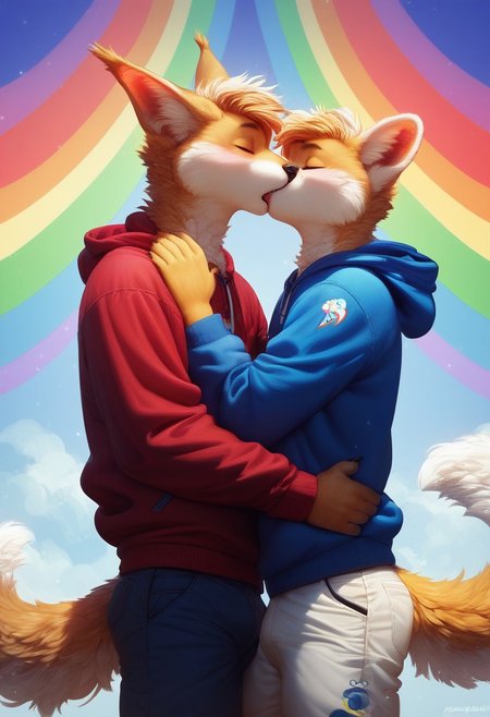 score_9, score_8_up, score_7_up,score_6_up, source_furry, Furry Mix PDXL, furry male, highly detailed, hyperrealistic, extremely fluffy, ,, dynamic pose, beautiful vibrant colors, intricate details, cinematic lighting, photorealistic, 8k, masterpiece  , high quality,F.M PDXL, (((2boys))), thigh up view,  kissing, hooded shirt, pants
 (((by <pochemu>))), Expressiveh, rainbow background, hearts