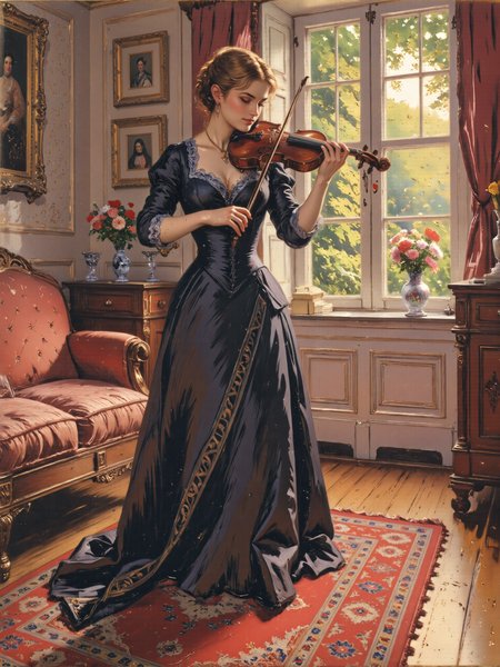 masterful impressionism oil painting titled "the violinist", painted in soft, expressive brushstrokes, a serene interior scene of a 19th-century living room bathed in dappled morning sunlight, the focus is on a beautiful woman with fair skin and strawberry blonde hair, her hair styled in a loose, elegant updo, she is standing gracefully on a luxurious carpet as she plays a violin, her delicate hands expertly holding the instrument, her expression is peaceful and absorbed, as if lost in the melody. she is dressed in a midnight black satin gown with puffed sleeves and a lustrous sheen, the fabric flows elegantly with intricate lace detailing at the cuffs and neckline, the dress catches the morning light, revealing subtle folds and textures, her hair glows softly in the sunlight streaming through a large window behind her. the background features a tall, paned window, framing a view of lush greenery outside, the vibrant leaves and foliage create a harmonious contrast to the warm, muted tones of the room, on the windowsill, a single vase holds a delicate arrangement of colorful flowers, their petals painted with lively, impressionistic strokes, adding a touch of charm and vibrancy to the scene. the interplay of light and shadow creates a tranquil and intimate atmosphere, with soft crepuscular rays filtering through the window and casting dappled patterns across the room, the light dances on the fabric of her gown and the polished wood of the violin, enhancing the textural details. the composition captures the quiet elegance of the moment, with the woman and her violin forming the focal point, while the lush greenery and floral accents provide balance and depth to the setting, the gentle curves of her posture and the fluidity of the brushstrokes evoke a sense of grace and elegant beauty. oil on canvas, warm and cool tones are delicately balanced to emphasize the interplay of light, texture, and mood, the brushwork is expressive yet detailed, capturing the rich textures of fabric, wood, and natural elements, the intimate composition invites the viewer into this tranquil, harmonious world, impressioniststrokes, 
<lora:style-impressionist_strokes-flux-by_daalis:1.0> 
<lora:image_upgrade-flux-by_zeronwo7829:1.0>
