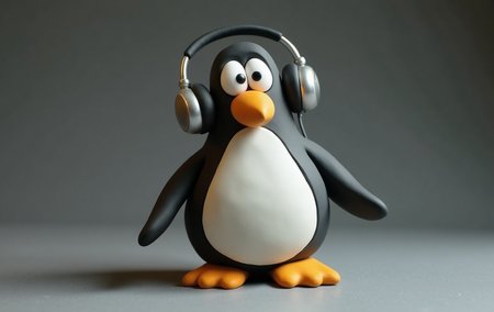 claymation, Photographic, photo grain, 4k, UHD—Thick penguin with headphones made of clay
