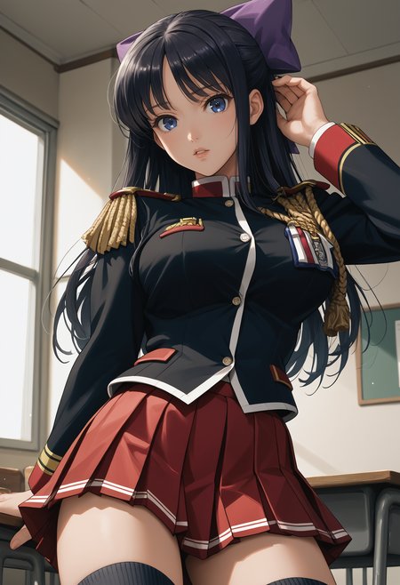 score_9, score_8_up, score_7_up, source_anime BREAK 1girl, solo, <lora:akaneryuuzouji-wr-richy-v1_pdxl:1> knrzj, blue eyes, black hair, long hair, hair bow, large breasts, school uniform, epaulettes, black shirt, long sleeves, red skirt, thighs, knee highs, looking at viewer, parted lips
