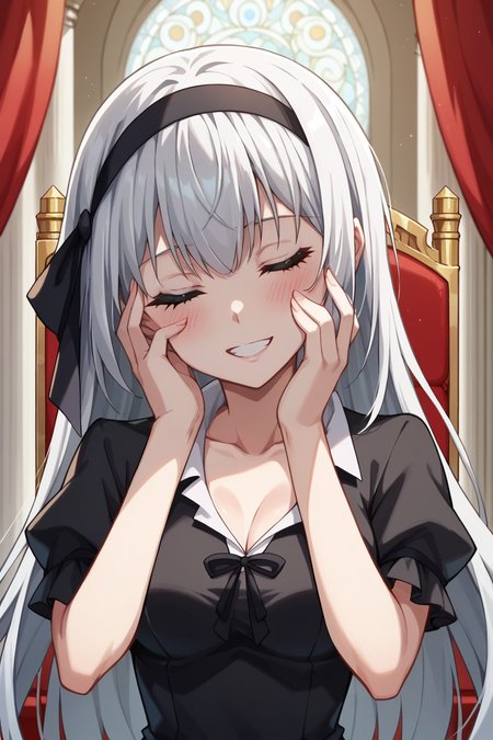 score_9,score_8_up,score_7_up,score_6_up,source_anime, prefect lighting, very aesthetic, intricate details, highly detailed background, masterpiece, high quality, prefect hands, best quality, solo, 1girl,
<lora:Luminous_Valentine_Tensura_V1_r1:.85>white hair, heterochromia, red eyes, blue eyes, long hair, head band,
goth dress, white collared shirt, collarbone, upper body, portrait,
smile, hands on face, teeth, heavy blush, head tilt, closed eyes,
throne room, pillars, curtains,
(Beautiful, medium Breasts:1.2), natural breasts,