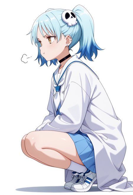 masterpiece,high quality details, absurdres,
 <lora:Izutsumi_Marín:0.8>
izutsumi_cnr, 1girl, blue hair,yellow eyes, multicolored hair,  skull hair ornament, twintails, black choker,ear piercing,
white sailor collar, blue serafuku, blue shirt,blue skirt,labcoat, white socks, sneakers,, simple background, white background, from side,solo,, pout,frustrated,, uwu,, ultra realistic, high detailed skin,