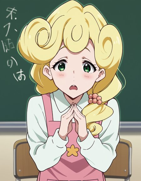 score_9, score_8_up, score_7_up, source_anime, <lora:kaori-hanase-s1-ponyxl-lora-nochekaiser:1>, kaoru hanase, long hair, blonde hair, hair over shoulder, green eyes, curly hair, otoko no ko,, apron, shirt, collared shirt, long sleeves, pink apron, denims, pants,, classroom, chalkboard, daytime, studying, sitting, chair, desk, , <lora:x-arms-ponyxl-lora-nochekaiser:1>, x arms, blush, open mouth, leaning forward,, looking at viewer, solo,, dutch angle, cowboy shot