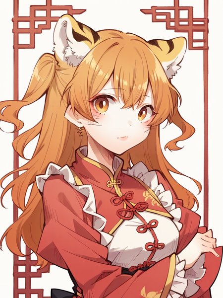score_9, score_8_up, score_7_up, score_6_up, score_5_up,  <lora:orionlineXLP:1> orionline, chinese clothes, tiger ears, two side up, frilled shirt, 1girl,