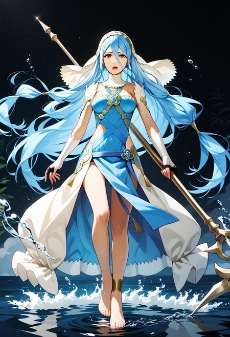 score_9,score_8_up,score_7_up,source_anime,azura (fire emblem),1girl,solo,breasts,open mouth,gloves,dress,holding,jewelry,bare shoulders,medium breasts,full body,weapon,barefoot,fingerless gloves,holding weapon,necklace,water,detached collar,black background,polearm,staff,veil,anklet,