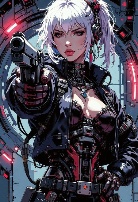 in the style of ck-mgs, A digital artwork in the style of cknc, image of stunning oriental goth female terminator cyborg, multicoloured bob, platinum with blue and red, bangs, lips parted, seductive, sultry, lustful, choker, long earrings, skintight jumpsuit, revealing armour, cleavage, aiming sci-fi handgun at viewer on board spaceship