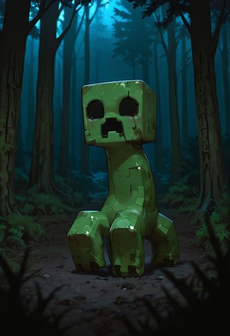 masterpiece, best quality, amazing quality, very aesthetic, absurdres, newest, , detailed background, 
 movie scene, cinematic scene, cinematic, foreground blur, depth of field, 
crpr, no humans, full body, pokemon (creature), open mouth, green skin, black eyes, no pupils, black mouth
in forest, dark, dark forest,