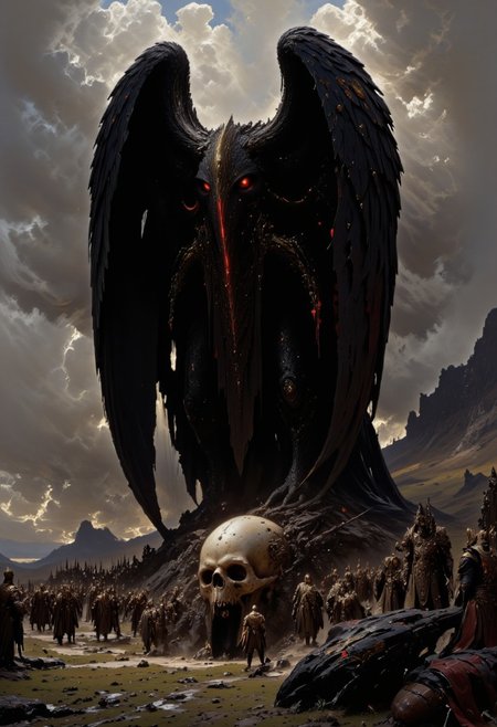A black raven with 6 red eyes looking at  viewer, standing  on skull, black feather, on  medieval battlefield with corpses, 
<lora:flux.1_lora_flyway_Epic-Characters_v1:0.43>