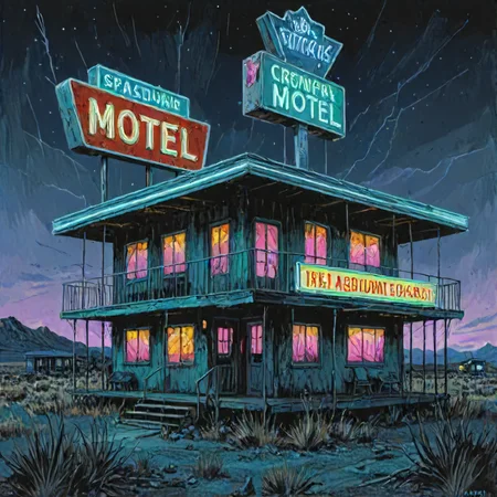 <lora:LCMTurboMix_Euler_A_fix:1> Spacepunk,  A creepy, rundown motel in the middle of nowhere, with flickering neon signs.,   <lora:neg4all_bdsqlsz_xl_V9:1>  <lora:EnvyCrystalXL01:1> crystal