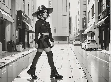 score_9, score_8_up, score_7_up, character in profile, walking, looking at surroundings, 1girl, pale skin, medium breasts, <lora:sm0k3XLP:1>, <lora:goth_clothes:1>, (black sunhat, black stockings, black skirt, black top, zipper boots, neon hair color, two tone hair, <lora:Our_Muted_Future_Style:1>, <lora:Potat_dark_ink_v1_monochrome-RS24:1> monochrome,