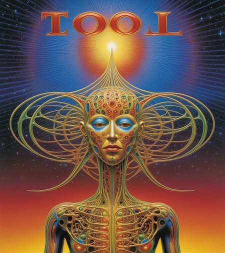 Tool Metal album cover, style by Alex Gray, (write text: "TOOL")