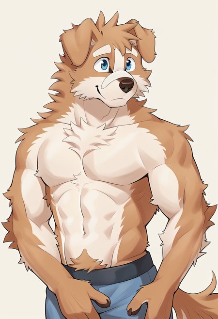 high quality, hires, by tupidwithouts, furry, 1boy, solo, dog boy, blue eyes, brown fur, white eyebrows, white muzzle, tail, happy, floppy ears, topless, white short hair, pants, two tone fur,  <lora:TupidwithoutS_style:1.2>