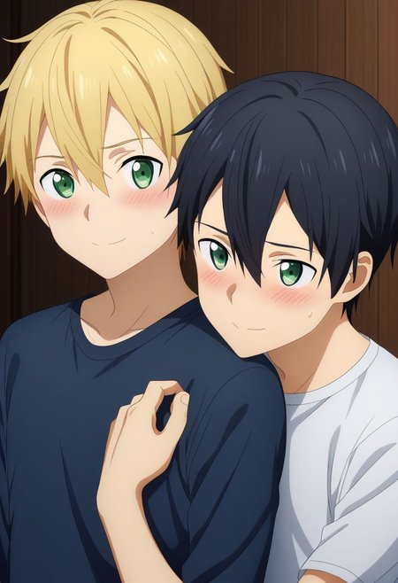 2boys, :d, bangs, close mouth, smile, shy, (hug from behind), white shirt, indoor, yaoi, <lora:HUGGY:0.7>
Kazuto Kirigaya, SAO, black hair, black pants, black shirt, white socks, and
euego, green eyes,blonde hair,hair between eyes, blue shirt, blue pants, socks, green eyes, blush