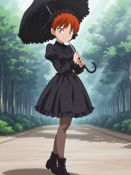 masterpiece, best quality, amazing quality, detailed background, perfect eyes, anime screenshot, anime coloring, 2000s \(style\), 1girl, solo, nekomusume (gegege no kitaro 5), red hair, short hair, yellow eyes, small breasts, gothic fashion, frilled headband, black dress, long puffy sleeves, frills, pantyhose, ankle boots, holding frilled umbrella, looking at viewer, smile, (outdoors, sunbeam),