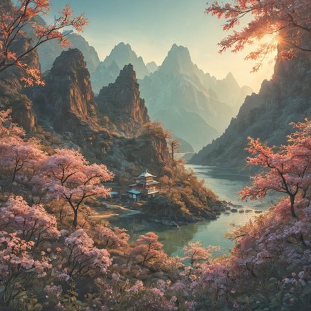 psychodelic scenic japan night landscape, novuschroma73 style, sakura garden, mountains, lake, perfect composition, sunlight, golden hour, haze, low angle, masterpiece, award winning,, ultra detailed, highly detailed, 8k, uhd, Style-Japan, vivid colours, luminous