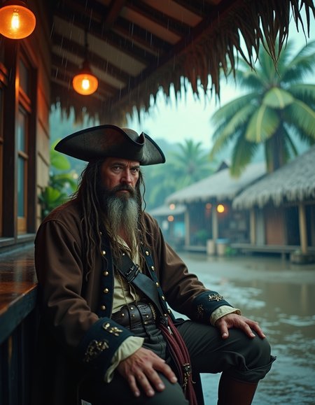 Cinematic scene of a pirate taking a break under the roof of a bar, wearing colonial pirate outfit, brown clothing, long beard, tired eyes, messy face.  Raining.  Carribean town on the coast, wooden shacks, palm trees, cloudy, storming, 
 <lora:Dark Cinematic:0.5> DRK ,  <lora:detailed_v2_flux_ntc:1>