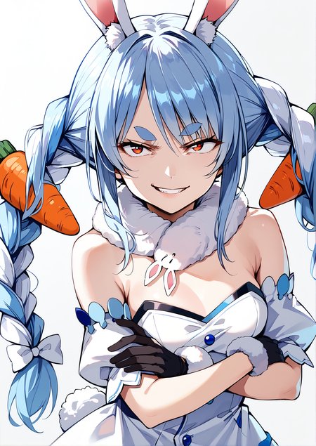score_9,score_8_up,score_7_up,masterpiece, best quality, <lora:WHM 0.2v:0.5>, WHM, 2D,anime,
 smile, grin, evil smile, looking at viewer, upper body, <lora:JustAsPlannedMeme_pdxl_Incrs_v1:1>, 1girl, 
crossed arms, 
BREAK
<lora:usada_pekora_v1:0.5>
usada pekora, rabbit girl, rabbit ears, animal ear fluff, rabbit tail, twin braids, carrot hair ornament, thick eyebrows, usada pekora base, detached sleeves, black gloves, fur scarf, bare shoulders, white dress, black pantyhose, bridal garter,