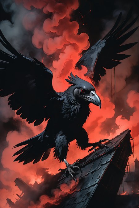 1boy, riding a giant crow, photorealistic, absurdres, <lora:dvr-trd:0.4> dvr-trd, red ink, complex, shrouded in dark smoke, black smoke,  <lora:EldritchRomanceIllustration1.3.1:0.3> low light, dramatic lighting, darkness, smoke,red light,  <lora:OldAnimeStyle_XL_v3:0.4> Vintage, 1990s \(style\)