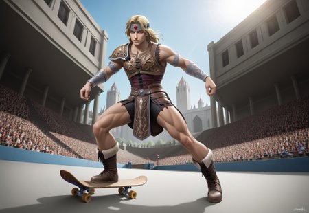 masterpiece, best quality, amazing quality, very aesthetic, absurdres, newest, simon belmont, simonbel, leather armor, jeweled headband, stylized brown breastplate, leather shorts, stylized loincloth, (((single pauldron))), metal wristbands, shoulder length blonde hair, fur lined boots, leather tassets, skateboard, skatebingbing