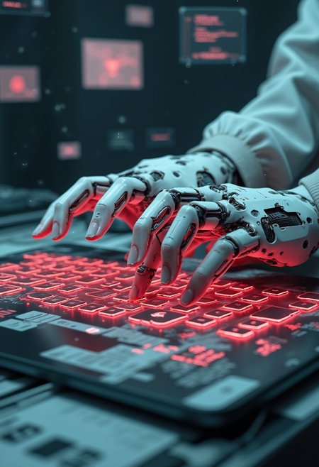The image is a high-resolution photograph of a futuristic, highly detailed, cybernetic scene rendered in a realistic, CGI style. the focus is on human hands resting on a futuristic keyboard. The hands are cybernetically enhanced, blending organic human shapes with robotic upgrades. They feature intricate mechanical components, glowing circuitry, and advanced technology, primarily in white and red with metallic accents, suggesting a sophisticated fusion of biology and machinery.
The fingers of the hands are articulated with visible joints, exposed wires, and faintly glowing circuits that trace the contours of each digit. The keyboard beneath them is a sleek, high-tech design with illuminated keys in a mix of Japanese characters and cryptic symbols, giving it a mysterious, advanced aesthetic. Each keystroke emits a subtle red glow, adding to the atmosphere of technological sophistication.
Surrounding the hands and keyboard are floating holographic technical diagrams, glowing data streams, and faint Japanese text, reinforcing the concept of a sci-fi or cybernetic future. The background features subtle light flares and a high-tech, atmospheric glow, emphasizing the advanced and slightly ominous design.