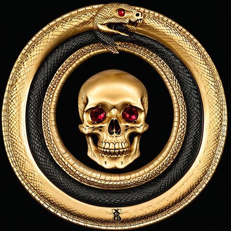 Black and gold medallion, a skull and crossbones symbol in the center of the medallion, skull_graphics,  a black ouroboros on the outer edge of the medallion. the boarder around the medallion is a snake eating its tail, intricate engraved black background+, very detailed, high resolution. Red Rubies are used for the skull eyes. A green emerald is used for the snake’s eye.
