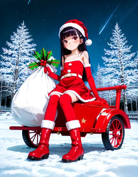 (score_9, score_8_up, score_7_up, highest score, best quality:1.2), zPDXL3, NEGATIVE_HANDS, hi-res. 8k, source_anime BREAK 1girl, flat chest, tiny tits, rory, red eyes, blunt bangs blush, happy BREAK santa_dress. strapless dress, elbow gloves, handless gloves, white belt, santa hat, fur trim santa boots, thighhigh boots BREAK sky, stars, santa sleigh, white sack, sack on ground (outdoors:1.3), sharp colors, perfect hands, perfect eyes, (detailed realistic background:1.3), (high quality:1.1), (ultra detailed:1.4), <lora:pony_good_hands:0.7>, <lora:add-detail-xl:1>, <lora:xl_more_art-full_v1:0.5>, embedding:civit_nsfw