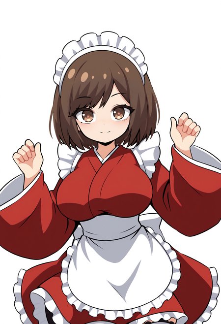 score_9, score_8_up, score_7_up, source_anime, BREAK, solo, 1girl, looking at viewer, upper body,
tildevtuber, 1girl, short hair, bangs, large breasts, dark brown hair, thighhighs, long sleeves, brown eyes, frills, japanese clothes, wide sleeves, kimono, apron, white thighhighs, maid headdress, frilled skirt, waist apron, white apron, maid apron, frilled apron, over-kneehighs, bob cut, swept bangs, wa maid, red kimono, tildewamaid, posing, face freckles, Rivergravidade style
<lora:TildeLorav2:1>    <lora:Vikings_Rivergravidade_Lora:1.3>