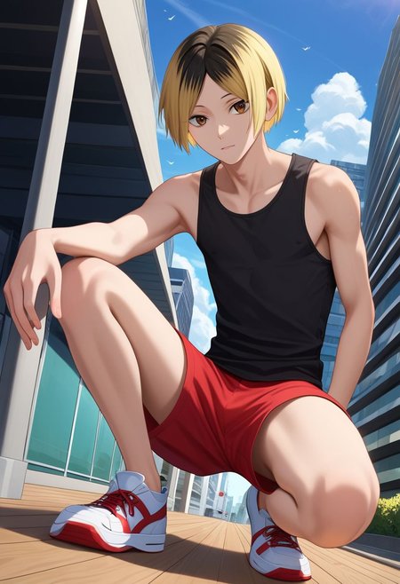 score_9, score_8_up, score_7_up, (1boy, solo), male focus, (slim), kenma, blonde hair, multicolored hair, two-tone hair, black hair, brown eyes, bangs, clavicles, black shirt, tank top, sleeveless, red shorts, short shorts, crouching, expressiveh, derpibooru_p_95, detailed eyes, Dutch angle, looking down at viewer, rating_explicit, yaoi, sexually suggestive, intricate detail, masterpiece, best quality, best aesthetic, short height, petite, otoko no ko, source_anime, bare legs, thick thighs, wooden floor, from below, cat, outdoors, city, sidewalk, Japan, Tokyo, cherry blossom, white sneakers,