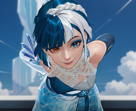masterpiece, best quality, amazing quality, highres, absurdres, intricate detail, <lora:Luna_Snow_Shining_Star_ILLUS:0.8> , ls1, 1girl, short hair, multicolored hair, blue hair, white hair, dress, braid, belt, earrings, eyeshadow, facial mark, heterochromia, orange eyes, blue eyes, mismatched elbow gloves, single crystal glove, shoulder spikes, looking at viewer, smile, dynamic pose, leaning forward, arms behind back,