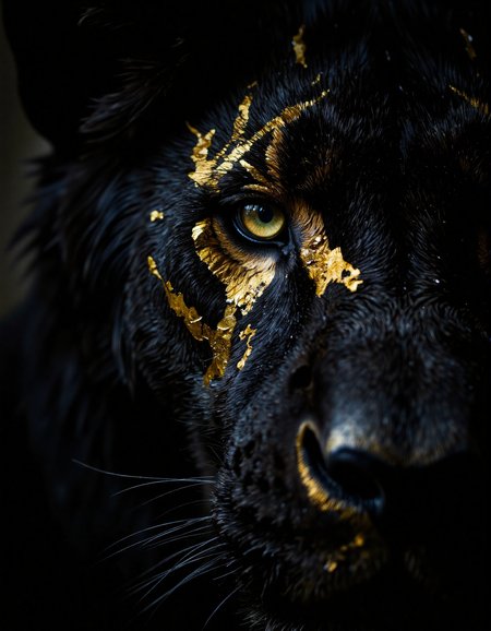 The extreme macro photo captures a fearsome black lion's left eye, bathed in a dark and inky contrast. Its piercing pure gold eyes and sharp teeth are visible in the background. The lion's dark fur, matted and messy around the eye due to the spray paint, contrasts dramatically with the metallic gold markings that adorn its face, particularly around and over the eye, resembling scales or armor. The spray paint gives the markings a wet, messy appearance. The photo is highly detailed and intricate.

