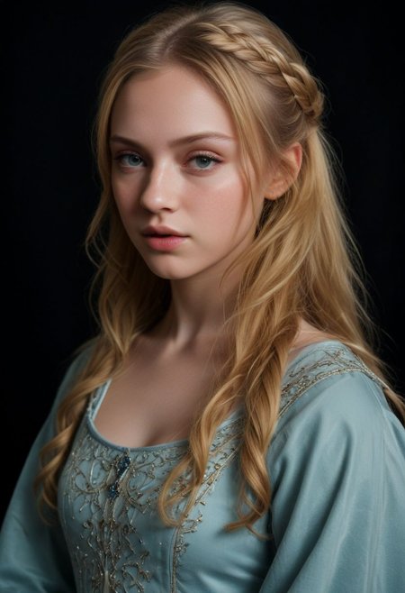 Photorealistic oil painting of (beautiful:1.1) northern ((medieval)) princess, beautiful, 18-year-old, dignified (princess:1.3), flowing braided (golden-blonde hair:1.2), (perfect photorealistic light-blue eyes:1.3), (medieval clothing:1.3), (simple nordic circlet:1.3), dark fantasy, (medieval) fantasy, [nordic] fantasy, epic fantasy, (upper body:1.2) (medium shot:1.1) taken with (fujifilm xt3:1.1), stunning landscape, movie scene, film grain, dark style, dark lighting, dramatic hard shadows, (((dramatic lighting:1.3))), explosive, material contrast, hyper detailed, photo realistic, cinematic composition, intricate details, masterpiece, visually stunning, evocative, best quality