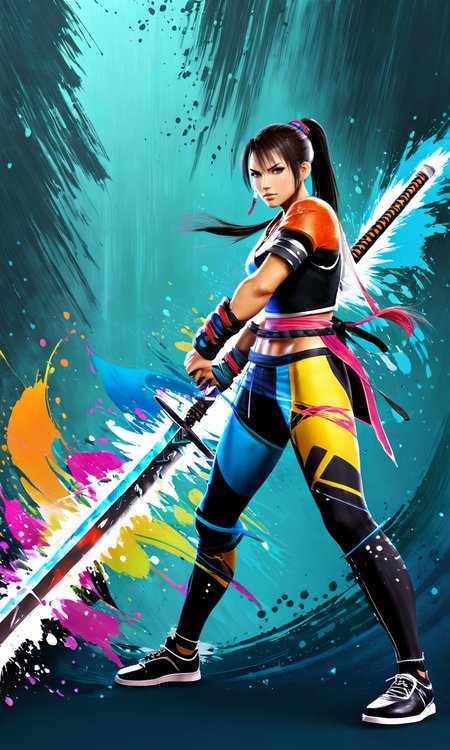a woman with a giant sword, paintsplashsdxl, <lora:paintsplashsdxl:1>, vibrant color, best quality, masterpiece, buster sword, energy sword, cyber armor, ponytail,