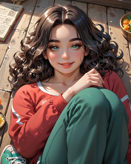 PonyScores7, source_anime, ah1, <lora:natsumi_style:0.5>, <lora:by_usakun-pony:0.4> by usakun, <lora:Akina_Bbw_Style_-_PonyXL:0.2> AkinBw
BREAK 1girl, (curly hair), long hair, (black hair:1.3), mature female, (parted hair:1.7), (round face:1.2), (thick eyebrows), (curvy), round-chin, (greenish hazel eyes), caucasian, (downturned eyes:1.2), (plump face), messy hair, <lora:Round_face:0.1>, <lora:ETO_OCPonyXL:0.5> eto_oc, skindentation, (plump), thick thighs, wide hips, busty, voluptuous, kinky curls, lips, <lora:venus body PonyXL:0.4>,  (devious smile, narrowed eyes, looking down), (lying on the side with one leg straight and the other bent, head resting on the hand, looking relaxed), (in medieval-town , at night), looking at viewer, (mardi gras color-block windbreaker, track pants with snaps, athletic sneakers, visor)
BREAK <lora:xl_more_art-full_v1:0.2>, <lora:shinyskin2:0.2> glistening skin, <lora:aesthetic_anime_v1s:0.2>, <lora:Expressive_H:0.2> Expressiveh, <lora:hairdetailpxl:0.2> hairdetailpxl, <lora:EpicF4nta5yXL:0.2>, <lora:detailxl:0.2> detailxl, <lora:Fant5yP0ny:0.2>, best quality, amazing quality, best aesthetic, absurdres, <lora:expressive eyes:0.2> expressive eyes, <lora:eyedetailpxl:0.2> eyedetailpxl, illustration, Volumetric_Lighting, ultra-detailed, very aesthetic, intricate details, 8k, masterpiece, best_quality 
BREAK (High Angle (from behind) view Close shot) 
BREAK <lora:Eyes_High_Definition:0.3> EyesHD, Stable_Yogis_PDXL_Positives, AS-Adult, <lora:Complicated fantasy portrait - XL Pony V2.0:0.4>, bad-hands-5