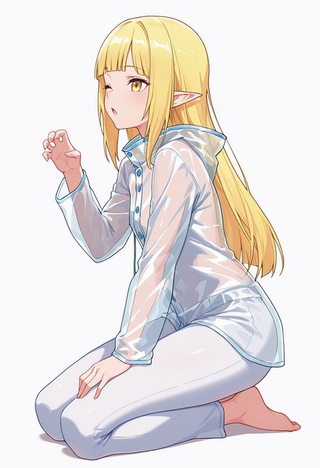 Smooth Quality,masterpiece,very intricate, high quality details, ultra realistic, high detailed skin,detailed enviorement,absurdres,
claw pose,solo,
 <lora:Rune_Noma_CNR:0.8> rune_cnr, pointy ears, blonde hair, long hair, yellow eyes, blunt bangs, elf,, simple background, white background, from side,
kneeling, hands on thighs, head slightly tilted, neutral expression, focused gaze,  ,, ;o,, raincoat,  ,turtle neck, ,slim fit pants,  ,