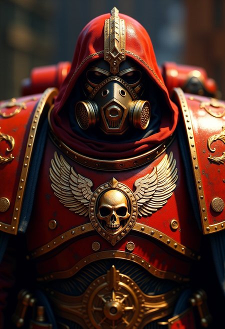 The heroic Blood Angels Space Marine Primarch from the world of Warhammer 40k, dons a menacing gas mask. His battle-hardened armour gleams with metallic red and shimmering gold accents, and the graphic on his chest shows a skull with angelic wings. The vivid imagery is reminiscent of stunning digital illustrations, capturing the Primarch's majestic stature and powerful presence. Just like the Space Marines, it transports viewers into an epic and thrilling sci-fi saga. <lora:flux.1_lora_flyway_Epic-Characters_v1.preview:1.0>