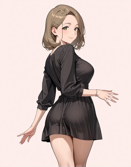 perfect quality, best quality, masterpiece, 1girl, solo, simple background, pink background,
standing, cowboy shot, from behind,
smile, Classic Finger Waves with Hairpin, Blanched almond hair, brown eyes, mature female, medium breasts,
short dress, black dress     <lora:shortdress07-illustrious:1>