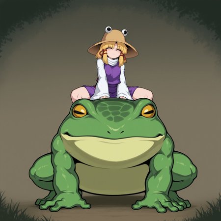 masterpiece, amazing quality, best quality, absurdres, aesthetic, (spacezin:0.45), (fluffydango:0.2), black-burakku, (aldharoku:0.7), BREAK, 1girl, moriya suwako, clothed, giant frog, sitting, riding, animal