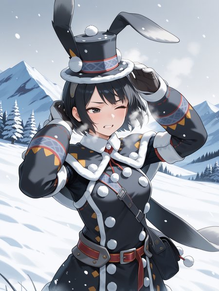 snowbaron lagombi armor,solo,black hair,black eyes,short hair,1girl,upper body,standing,looking to the side,mountain,tree,winter,snow,black fur-trimmed top hat,black fur-trimmed capelet,black fur-trimmed coat,black fur-trimmed gloves,black bag,covering_head,wind,snow,clenched teeth,one eye closed,Blizzard,heavy breathing, steam
masterpiece,best quality,amazing quality,very aesthetic,absurdres,newest,<lora:Snowbaron Lagombi Armor illuXL v1:0.75>,