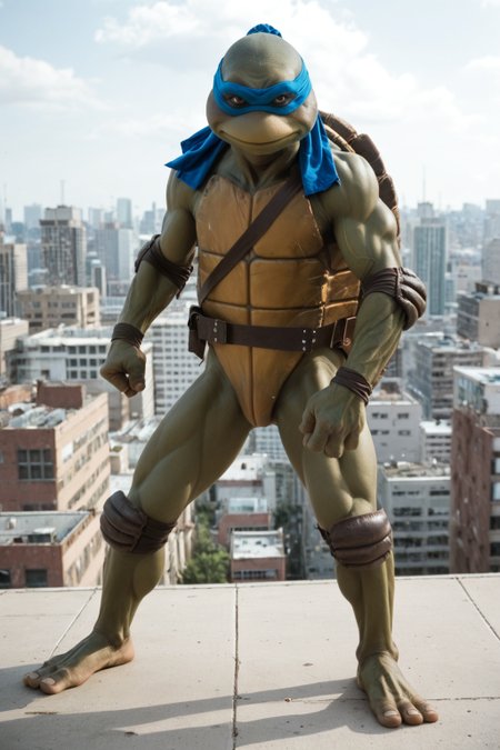 score_9, score_8_up, score_7_up, rating_safe, masterpiece, high quality, ((realistic, source_IRL)), BREAK, full body shot, TMNTLeonardo, a teenage mutant ninja turtle, wearing blue bandana mask with eye-holes, fight stance, standing on a city rooftop during the day, skyscrapers and rooftops and day sky in the background, <lora:TMNT_AIO_Pony:1>
