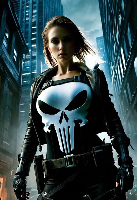 A hyper-realistic depiction of a lone girl's upper body, clad in a dark, gritty Punisher outfit, complete with a stark white skull emblem on her chest, set against a muted, urban backdrop with bold, cinematic lighting, intense shadows, and a futuristic, high-contrast color palette, shot from a slight low-angle perspective with a wide-aperture lens, emphasizing her determined gaze and rugged attire, in the style of a detailed digital painting with subtle texture and depth.
