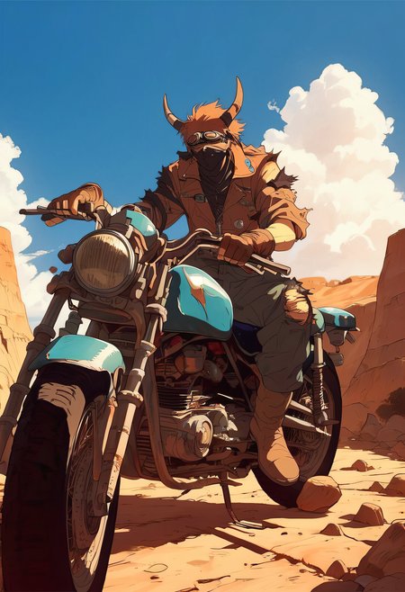 score_9, score_8_up, score_7_up, score_6_up, zy_bebbo, solo, gloves, 1boy, jacket, male focus, boots, outdoors, horns, sky, day, pants, cloud, fingerless gloves, blue sky, torn clothes, mask, brown footwear, goggles, ground vehicle, motor vehicle, brown gloves, rock, motorcycle, desert, <lora:zy_bebbo_v1:0.8>