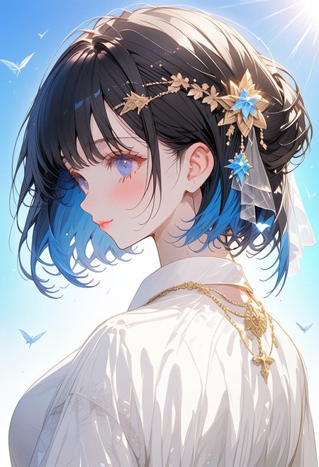 1girl, solo, ((Shion Tachibana, Perfect Face, Short hair, Black hair, Multicolored Blue hair, Expressive eyes, Blue crystal eyes)), expressive face, blushing, closed mouth, perfect body, perfect breast, tall, white skin, wedding dress, gold ornament, hair ornament, church, blue sky, cinematic lighting , cinematic angle, soft light , color detail, backlighting, Depth of field, long exposure, light steps,  intricate colors, vibrant colors, negative_hand, easynegative, verybadimagenegative_v1.3,