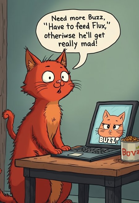 a red cat sitting in front of a laptop on table, laptop screen is tamagotchi, looking to viewer with big begging eyes, cat food can with the text "Buzz" on the table, Speech bubble with the text "Need more Buzz. Have to feed Flux, otherwise he'll get really mad!"